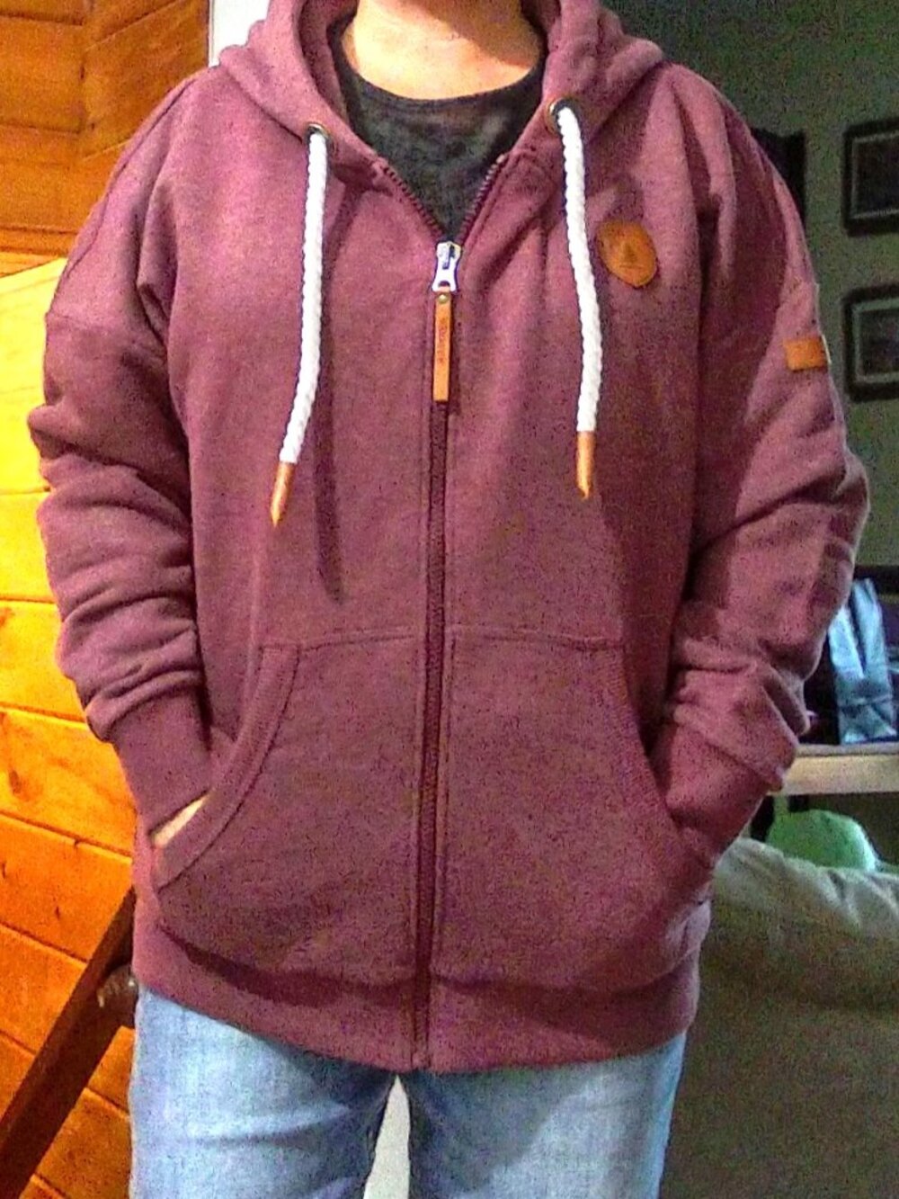 Wanakome zip up hoodie, Red Melange, Sz L